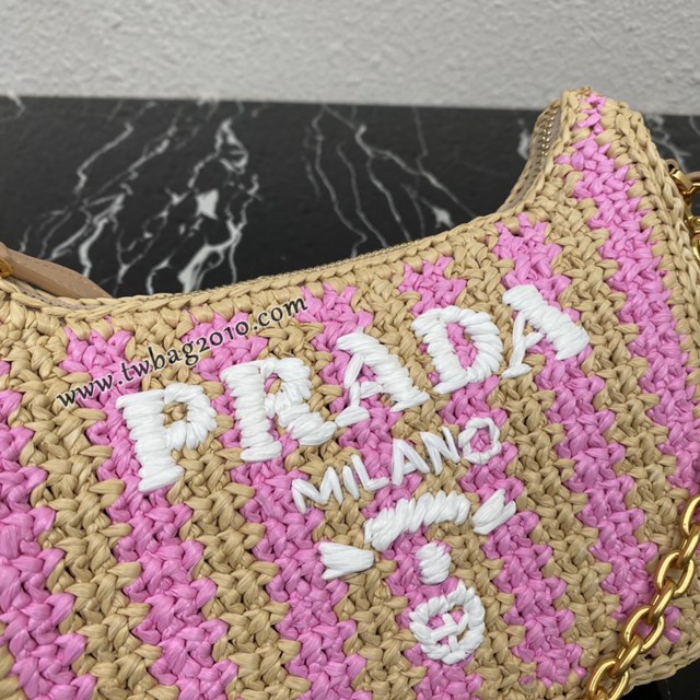 Prada專櫃新款拉菲草三合一女包 1BH204 普拉達純手工編織條紋系列肩背斜挎包 csp1574